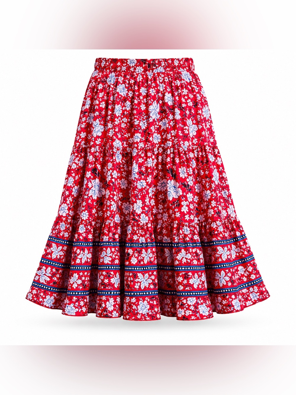 Chaps Red Floral Tiered A-Line Skirt with Blue Trim